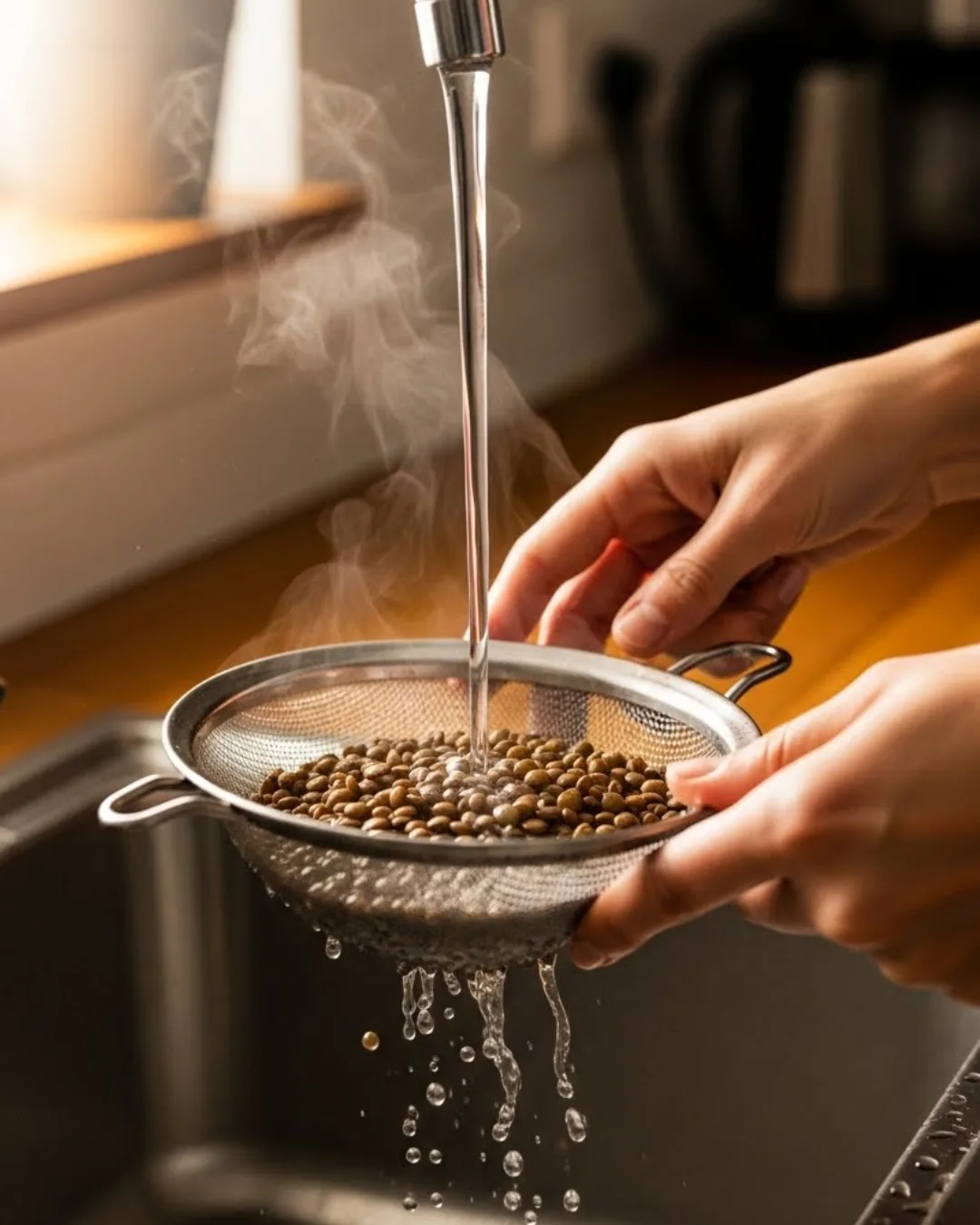 rinsing cooked lentils for lentil salad