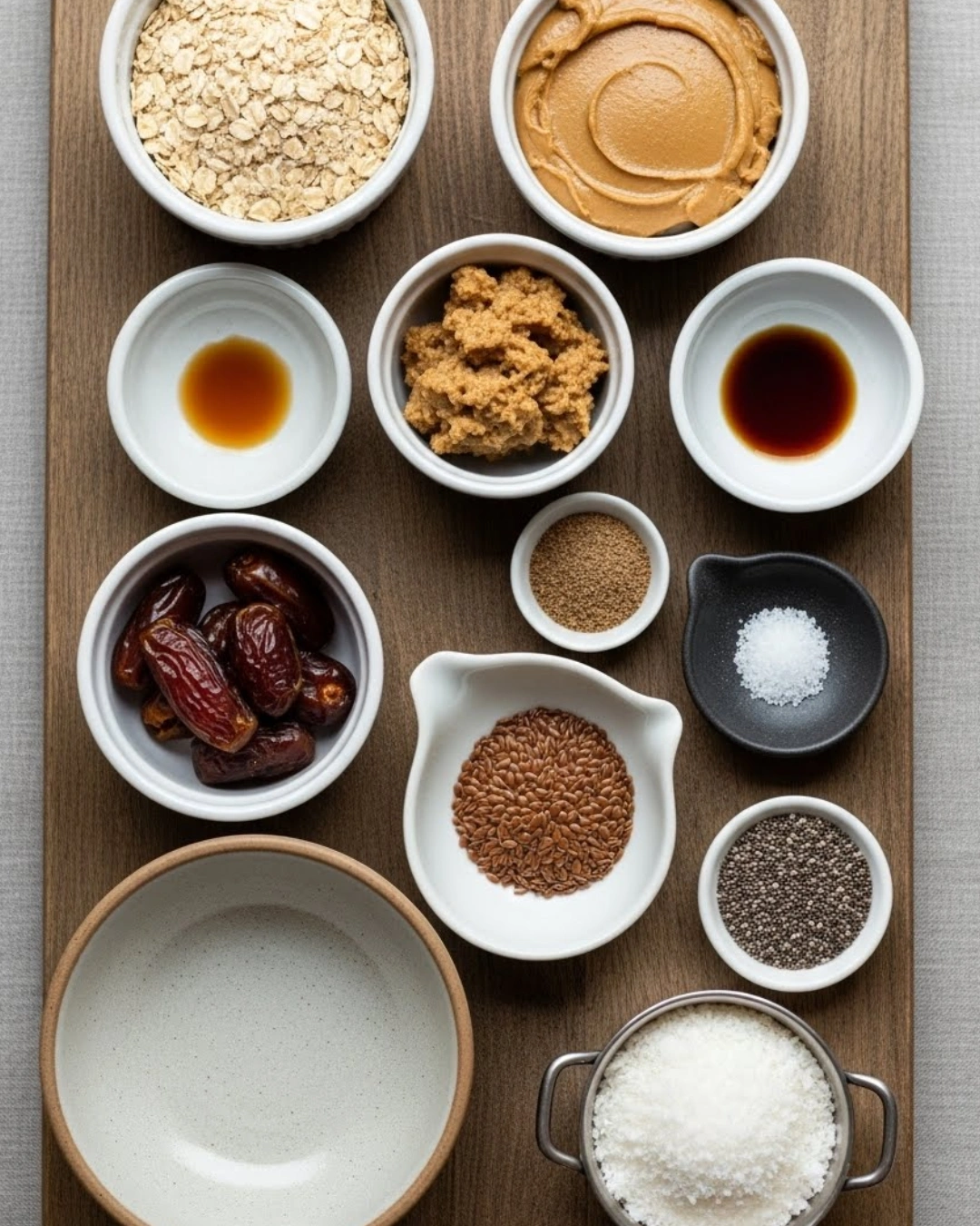 ingredients for low sugar energy balls on wooden board