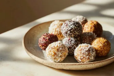 low sugar energy balls recipe on a ceramic plate