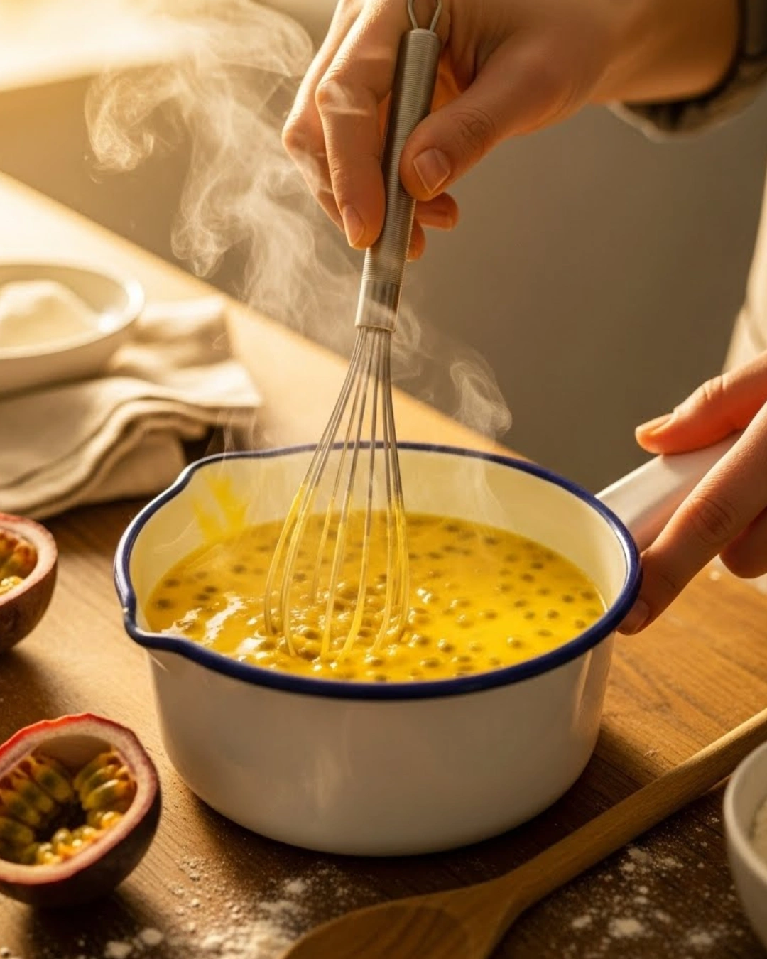 Whisking passionfruit custard on the stove