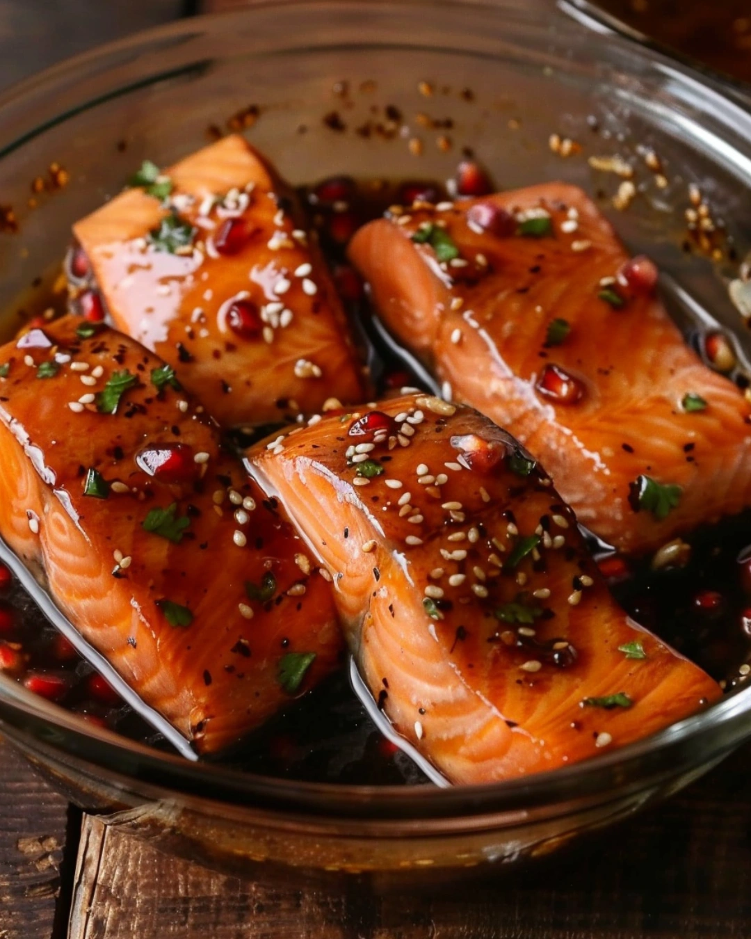 Salmon fillets marinating in pomegranate garlic soy glaze
