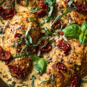 Marry Me Chicken skillet with creamy sauce and basil