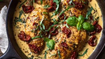 Marry Me Chicken skillet with creamy sauce and basil