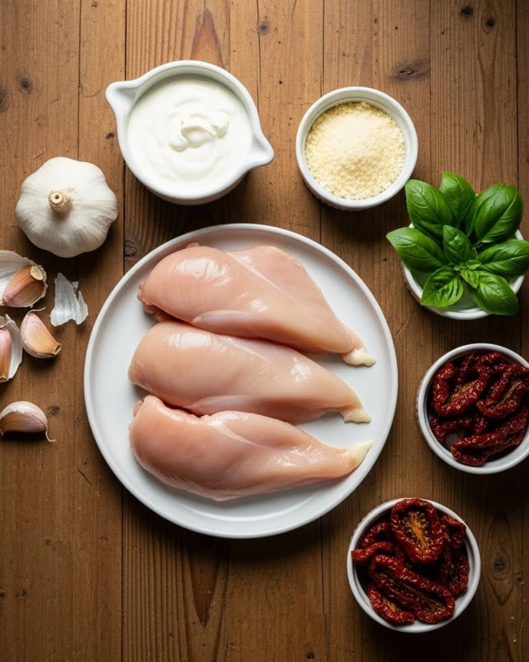 Marry Me Chicken ingredients on wooden surface