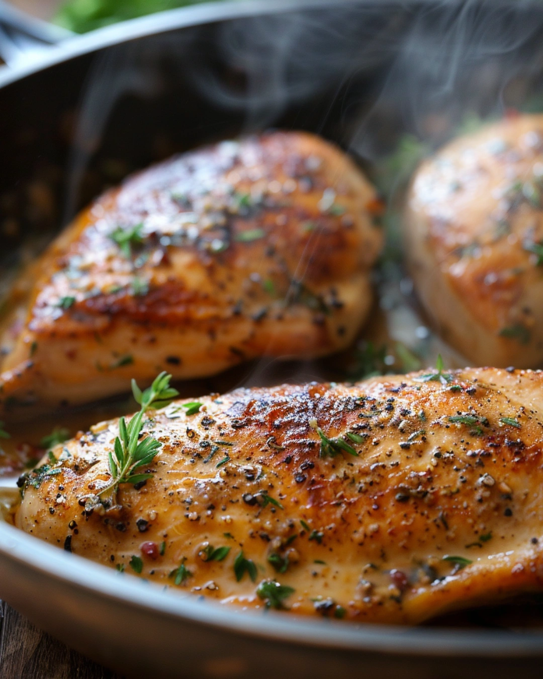 Golden seared chicken in skillet