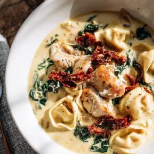 Marry Me Chicken Soup served in a white bowl with tortellini and spinach