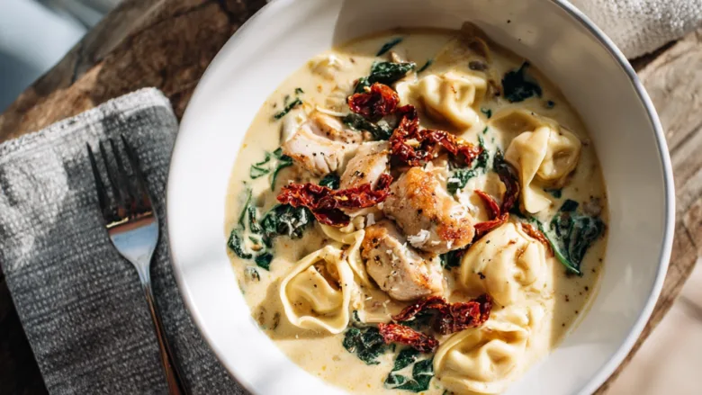 Marry Me Chicken Soup served in a white bowl with tortellini and spinach