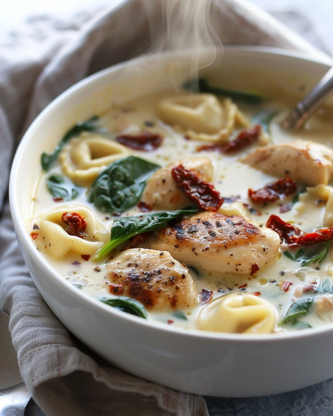 Marry Me Chicken Soup in a bowl garnished with parmesan and herbs