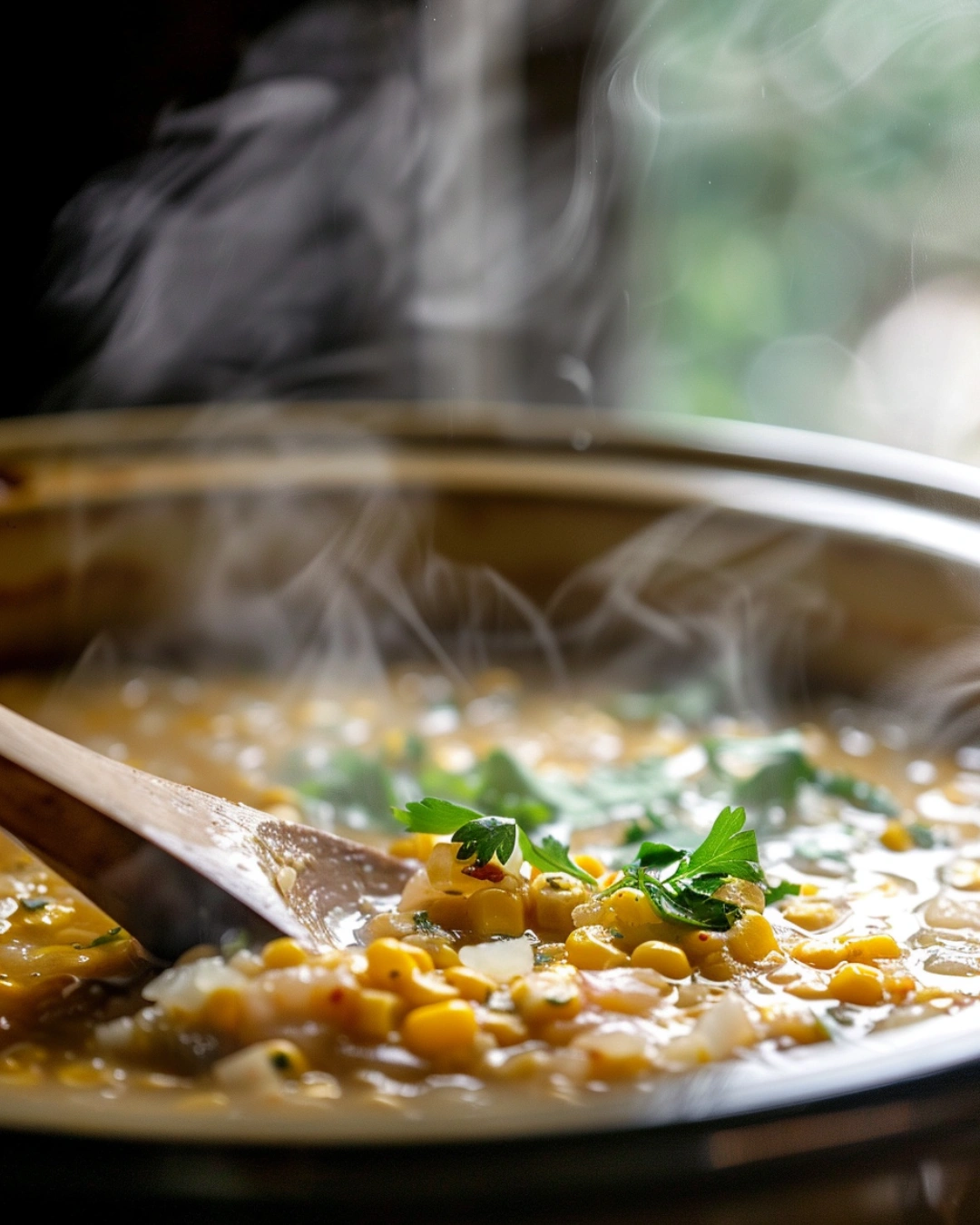 Slow cooker simmering Mexican Street Corn Soup Crockpot