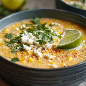 Mexican Street Corn Soup Crockpot with cotija and lime on rustic wooden table