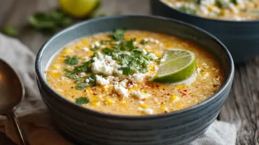 Mexican Street Corn Soup Crockpot with cotija and lime on rustic wooden table