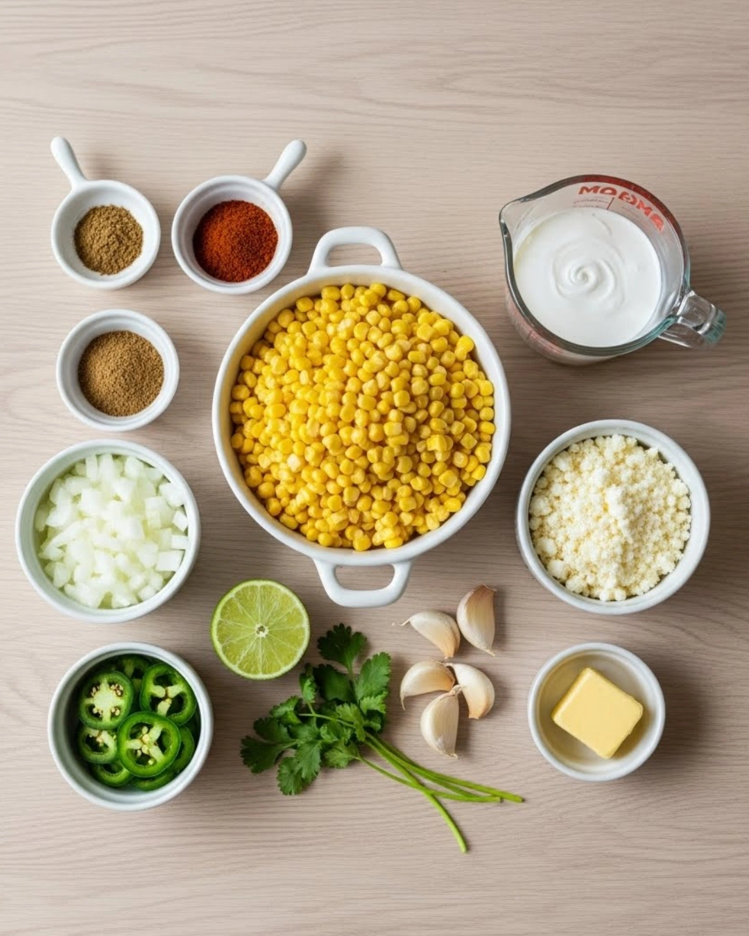 Flat lay of ingredients for Mexican Street Corn Soup Crockpot
