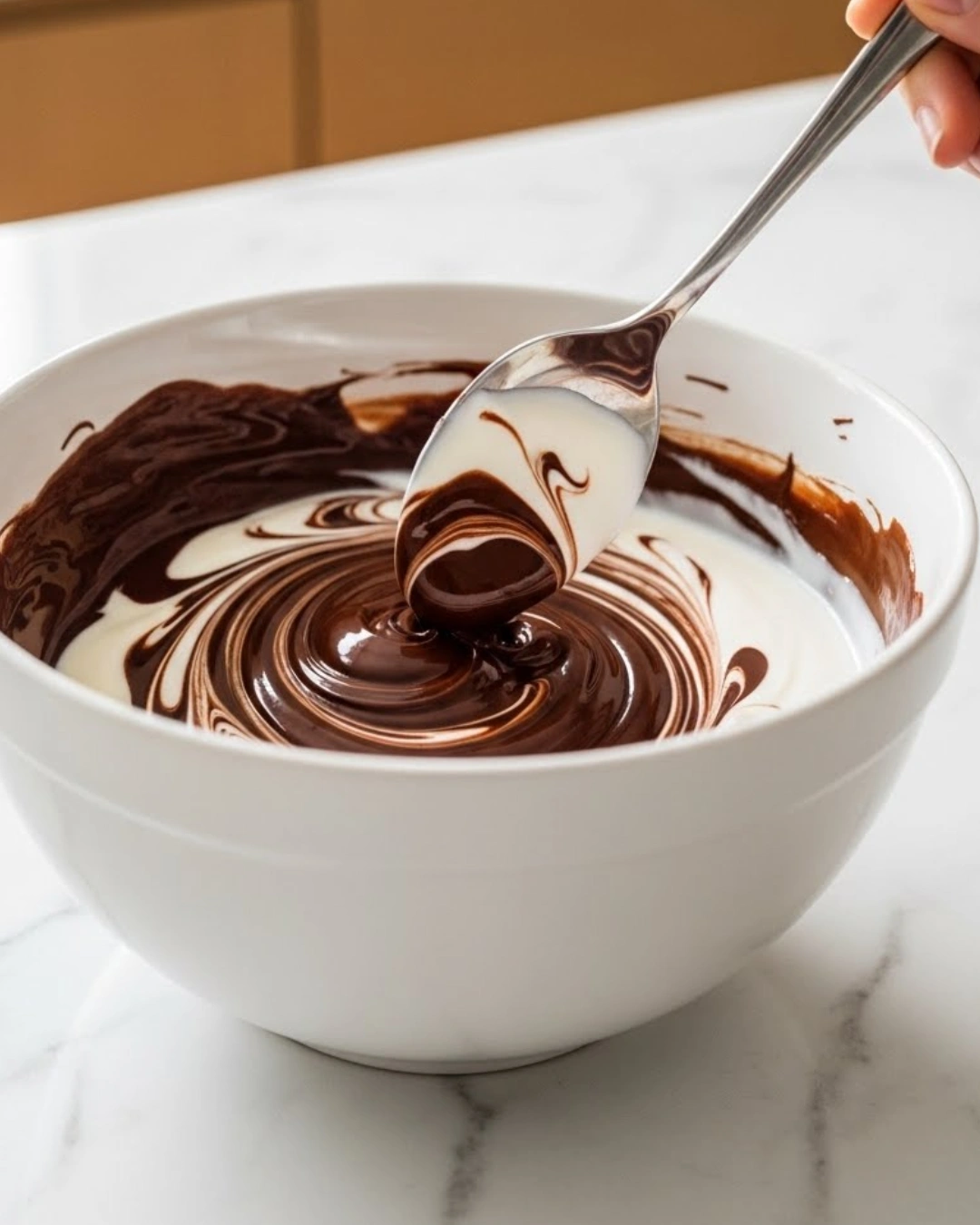 whisking melted chocolate and yogurt in modern kitchen bowl