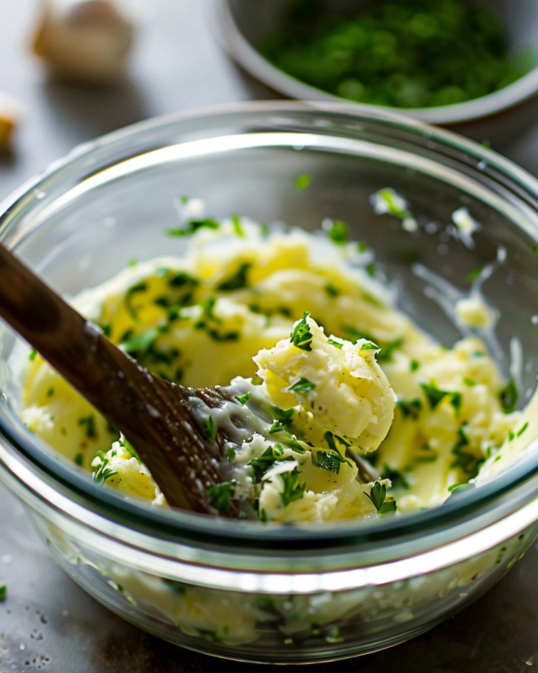 Mixing garlic butter for homemade garlic bread in a glass bowl