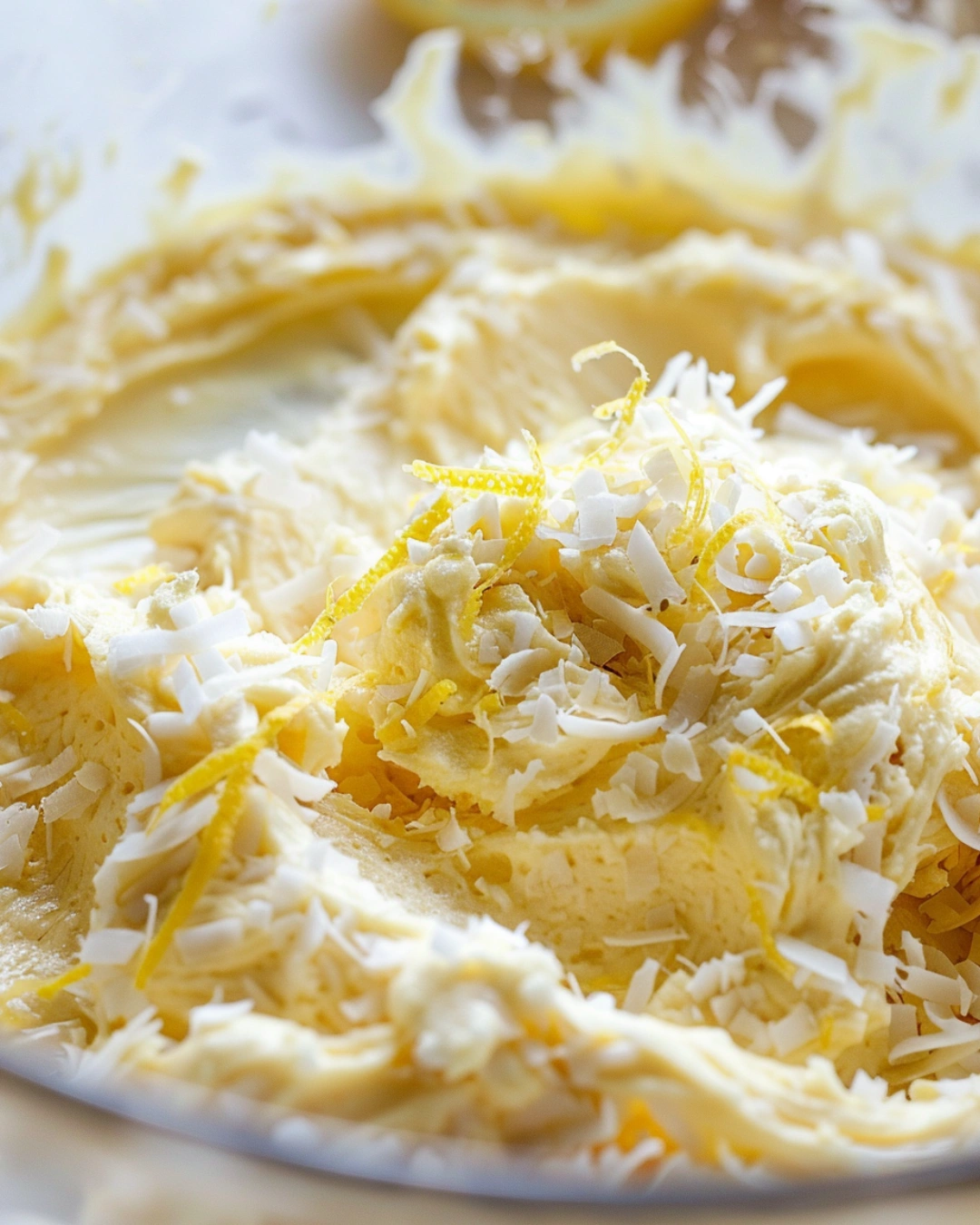 Mixing lemon coconut cheesecake cookie dough in a glass bowl with lemon zest and coconut in a bright kitchen.
