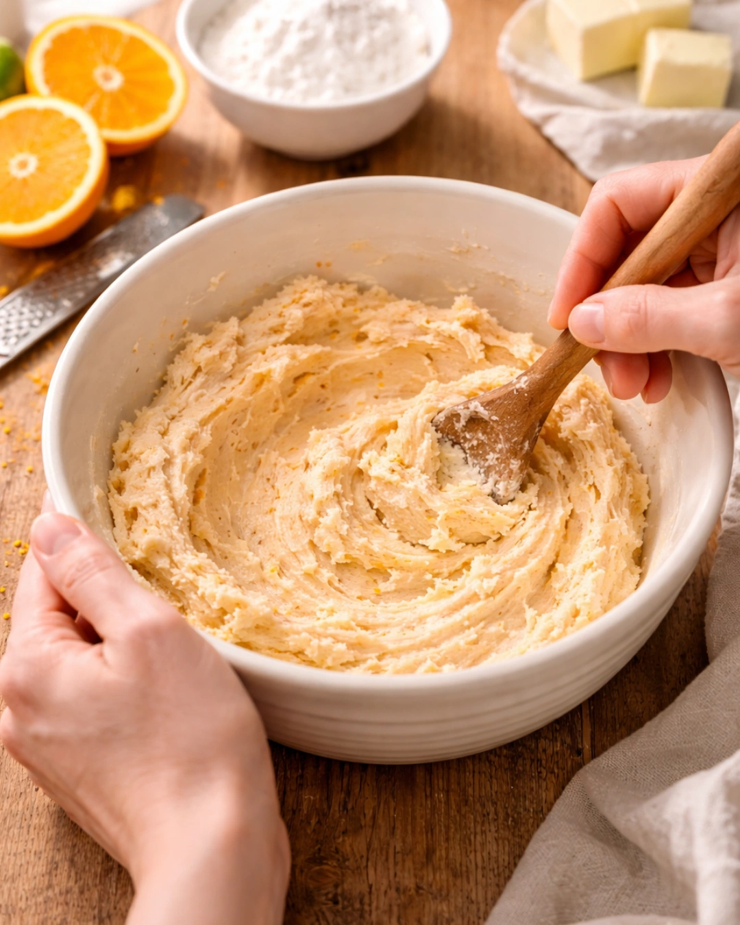 Hands mixing orange cream cheese mint dough in warm light.