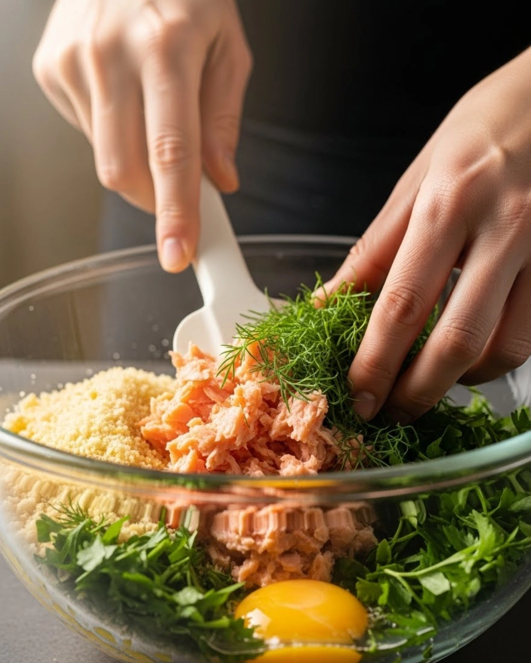 Mixing ingredients for salmon cakes in a bowl