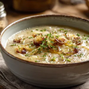 creamy onion soup in a cozy kitchen setting