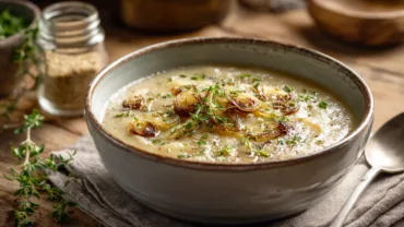 creamy onion soup in a cozy kitchen setting