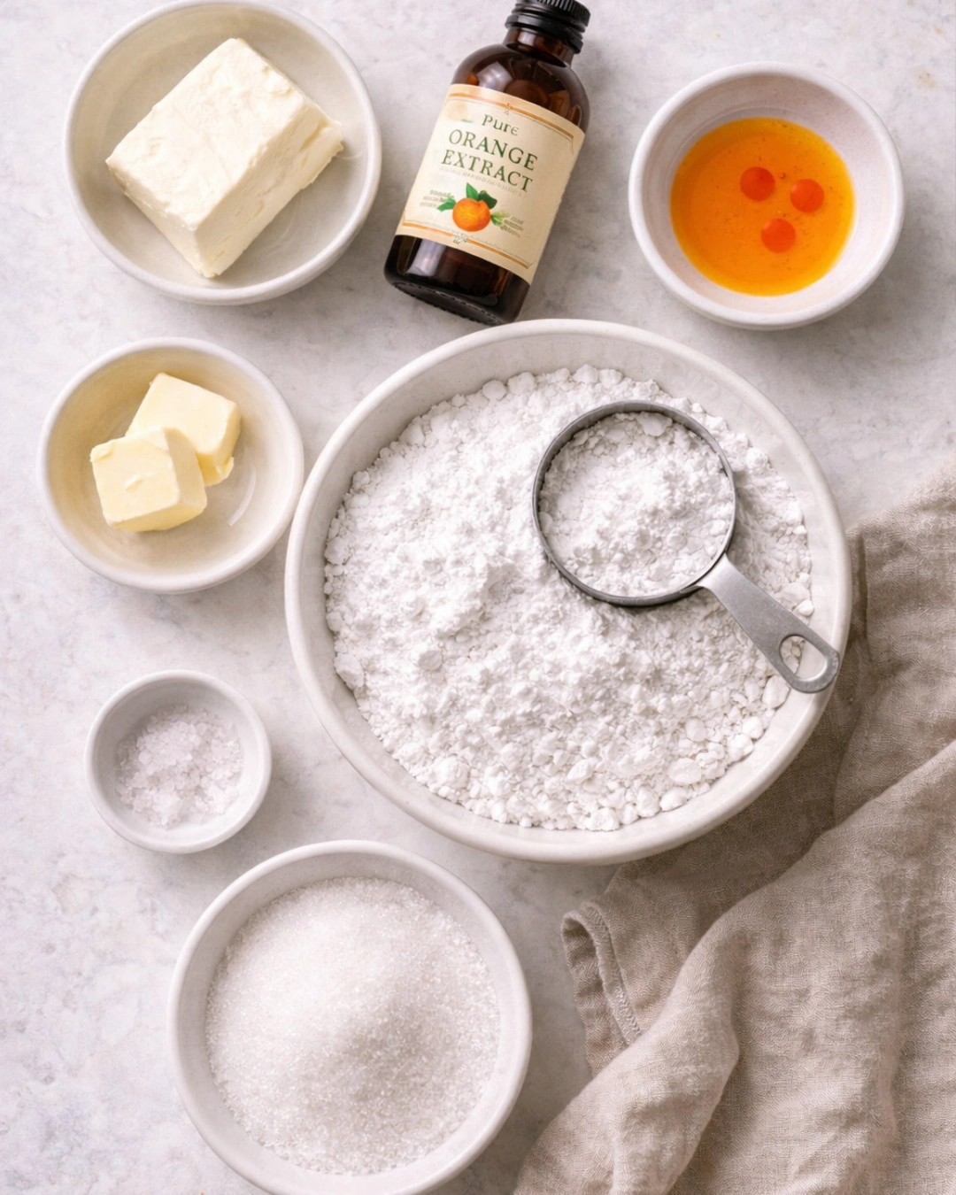 Soft daylight flat lay of ingredients for orange cream cheese mints.