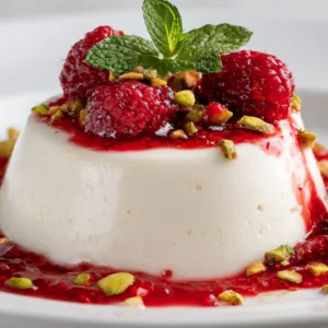 panna cotta with raspberry coulis and pistachios