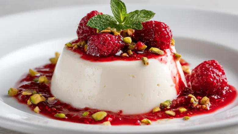 panna cotta with raspberry coulis and pistachios