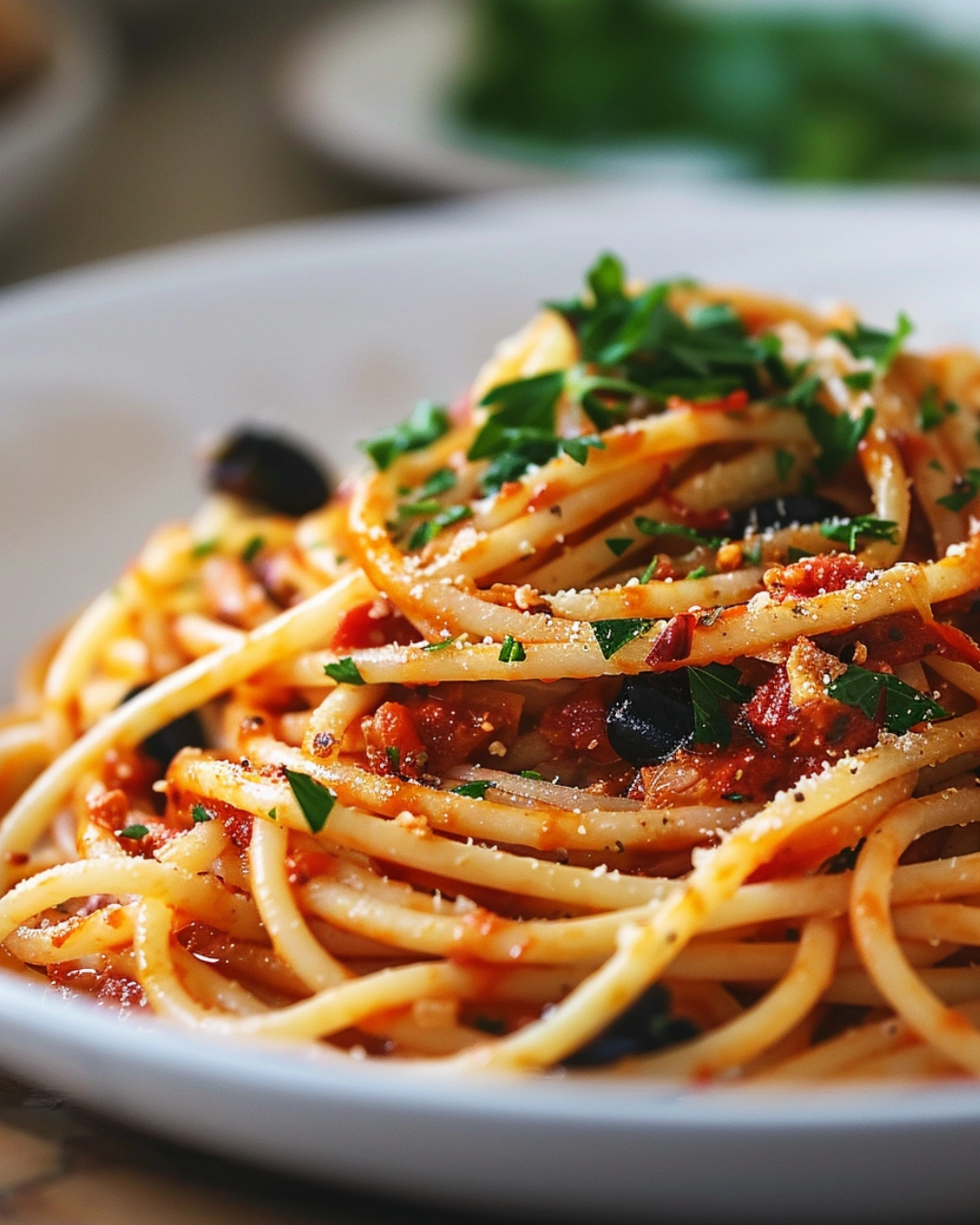 Pasta Puttanesca close-up with parsley