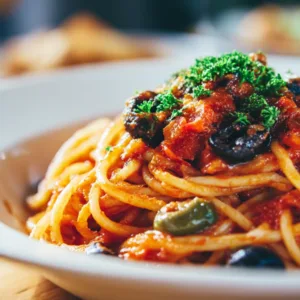 Pasta Puttanesca served with olives and parsley