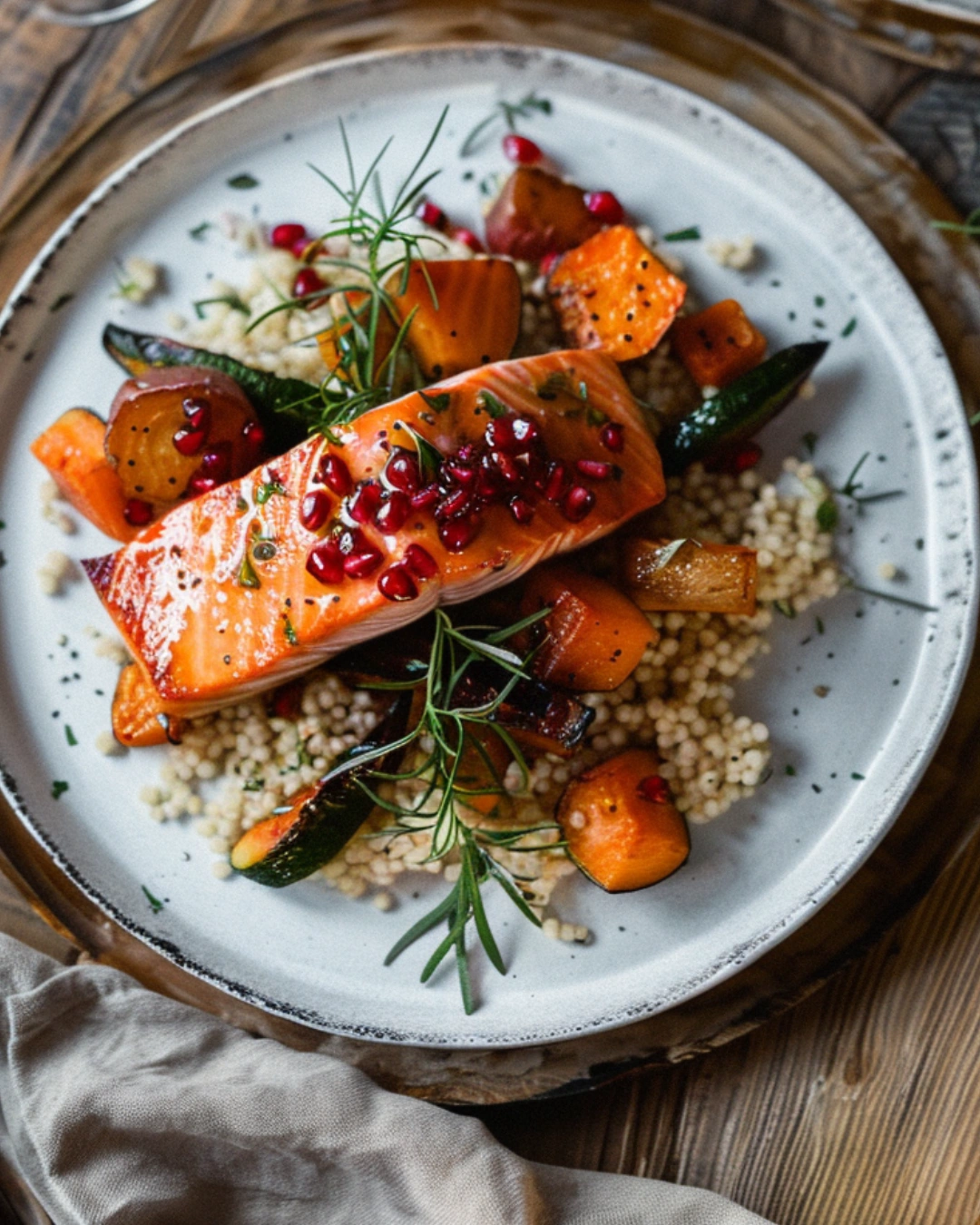 Pomegranate glazed salmon with quinoa and mint
