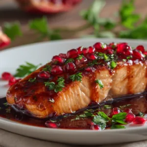 Pomegranate glazed salmon fillet with fresh herbs