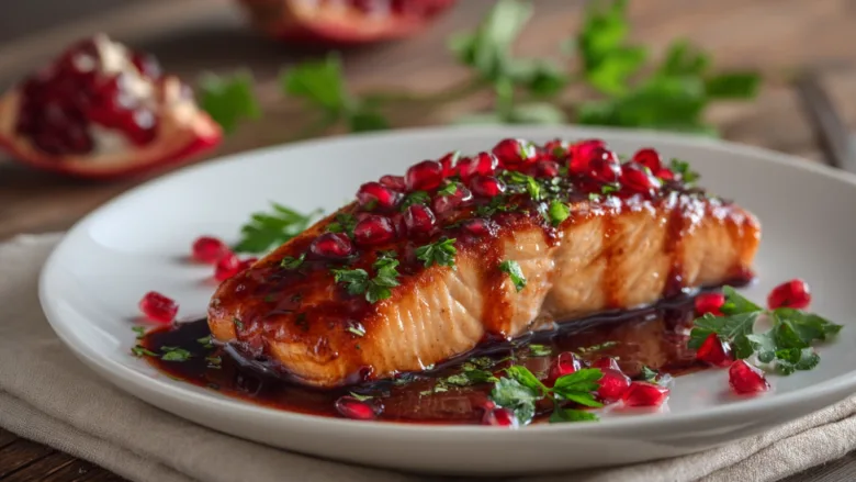 Pomegranate glazed salmon fillet with fresh herbs