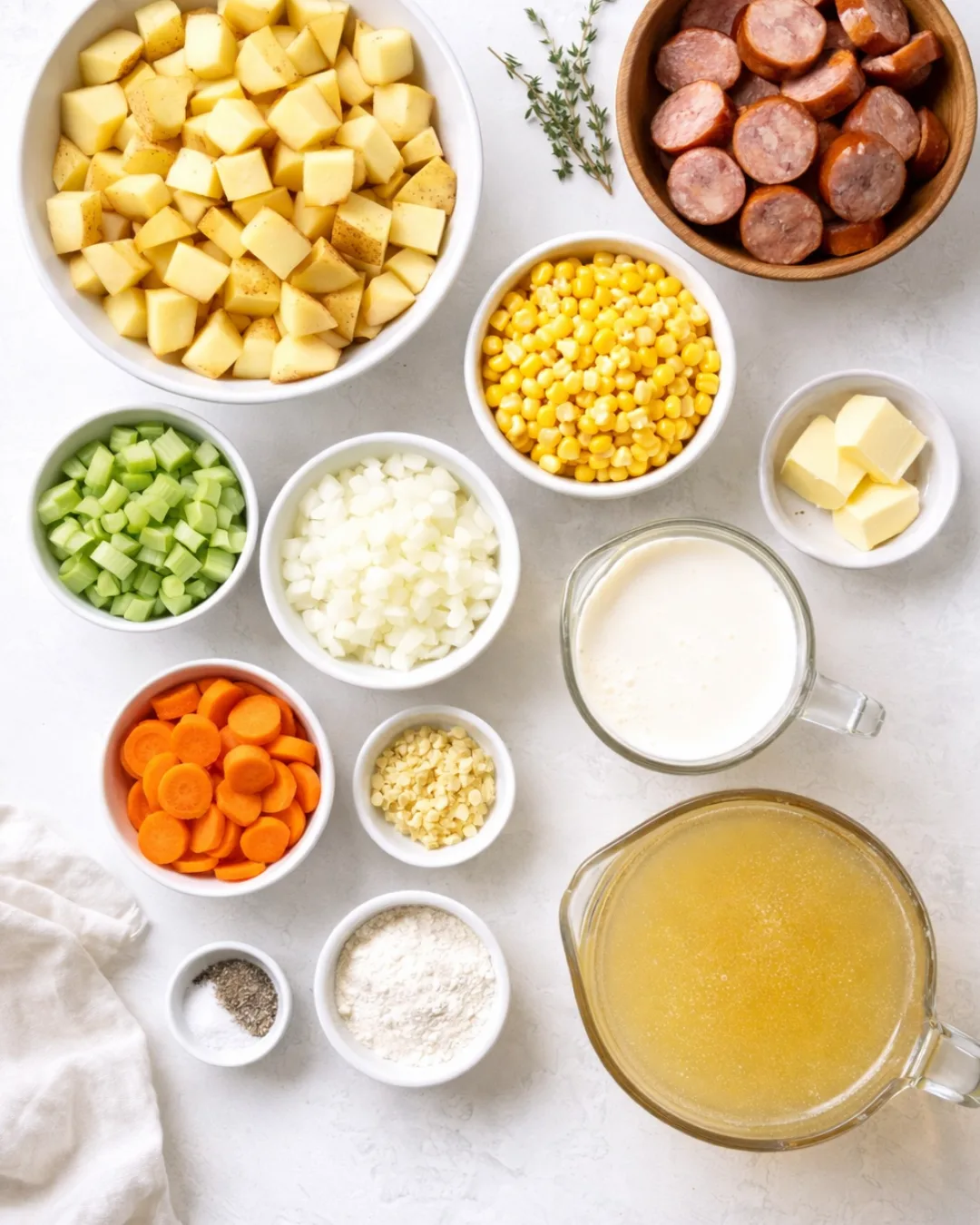 Fresh ingredients for creamy potato and sausage chowder
