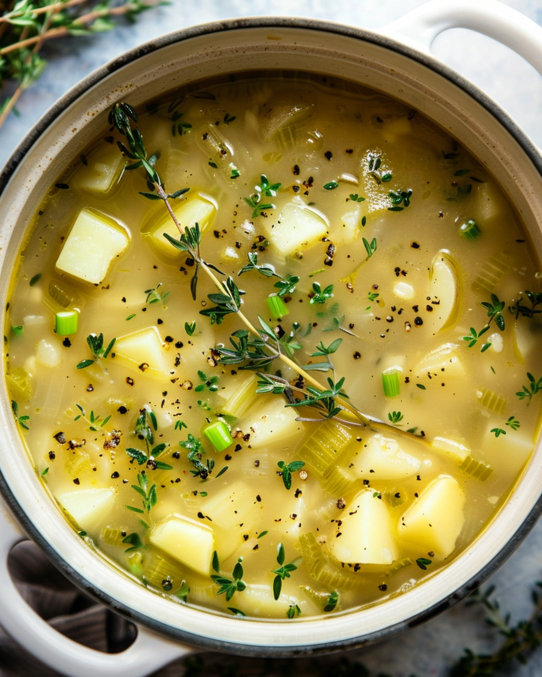 Potatoes and thyme simmering in leek soup