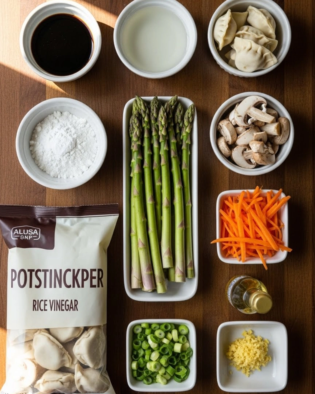 Ingredients for potsticker stir fry including mushrooms, asparagus, potstickers, and soy sauce