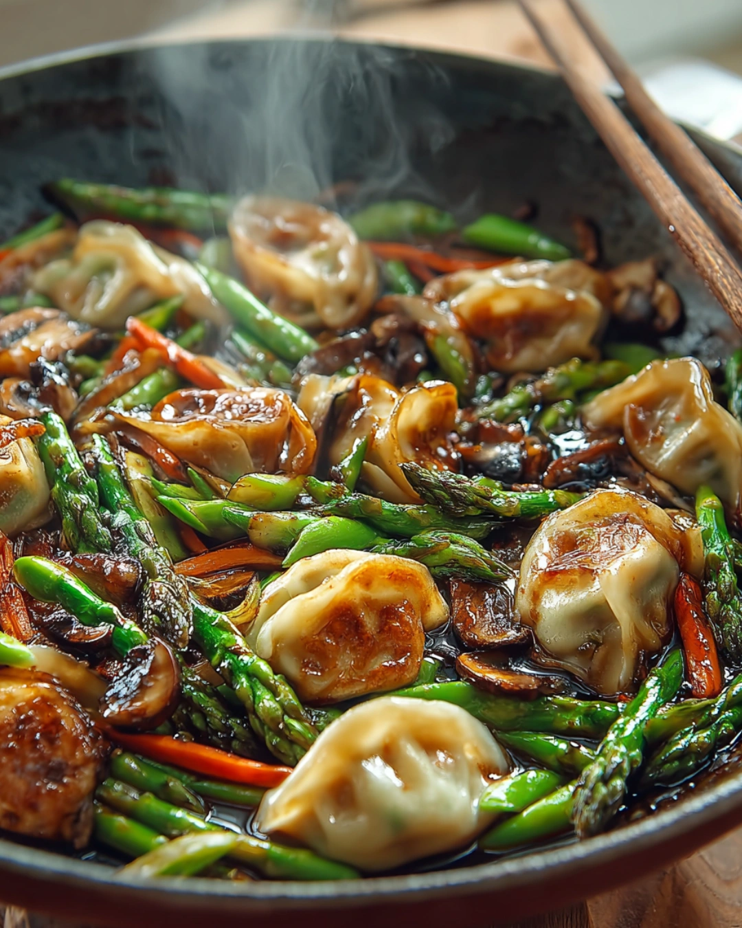 Potsticker stir fry served in a bowl with chopsticks