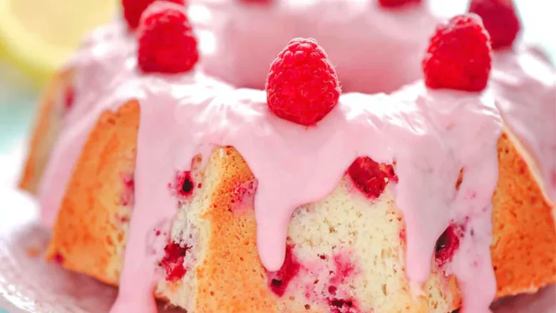 Raspberry Angel Food Cake with lemon raspberry glaze