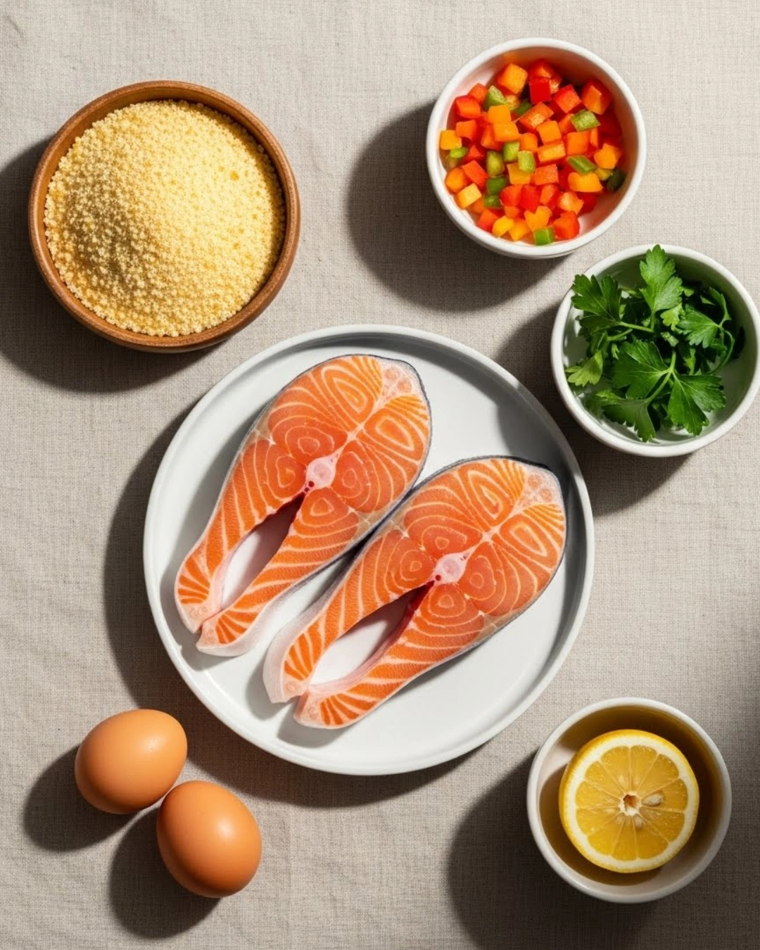 Fresh ingredients for salmon cakes including salmon, herbs, and breadcrumbs