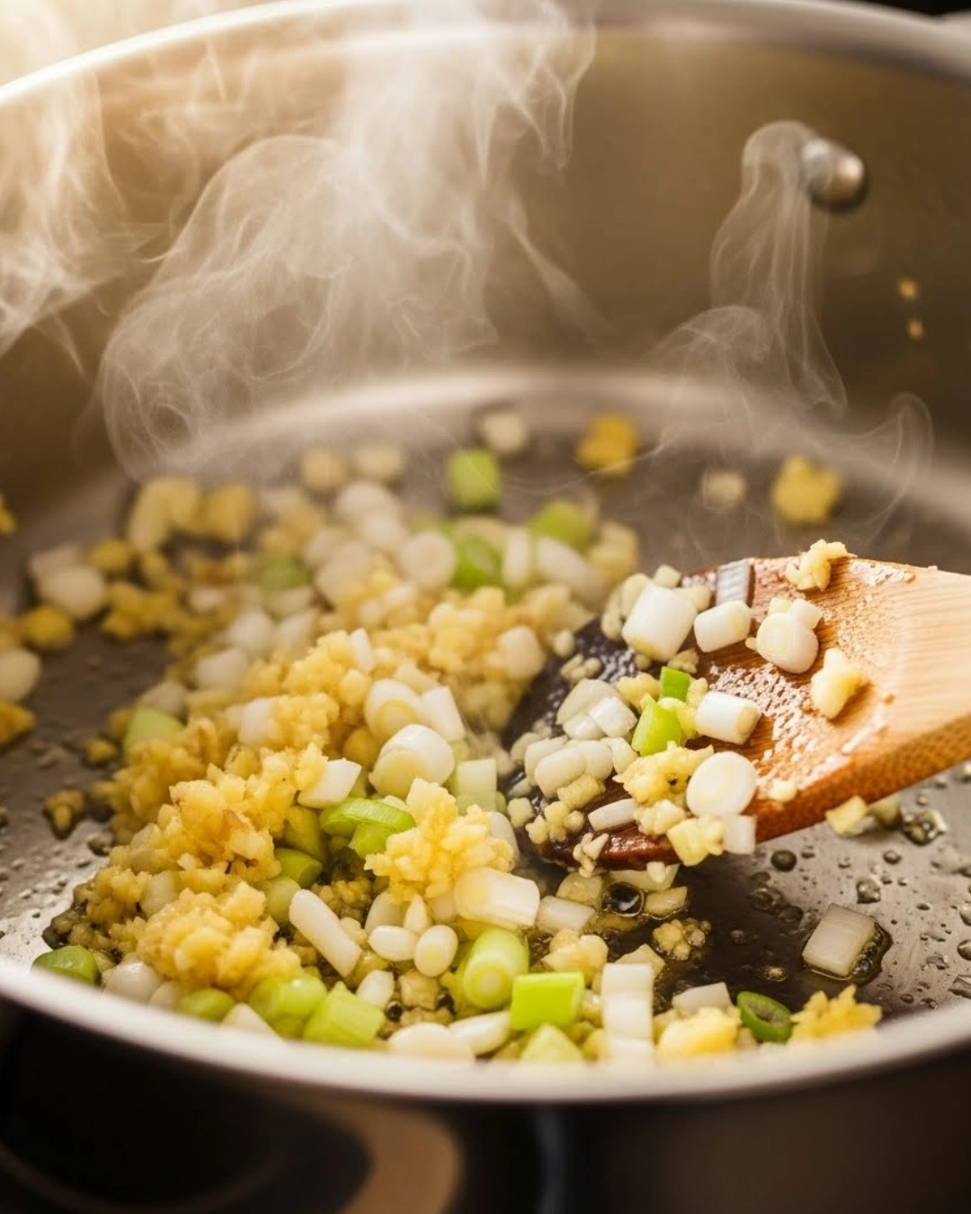 Sautéing ginger, garlic, and scallion whites in sesame oil for chicken noodle soup