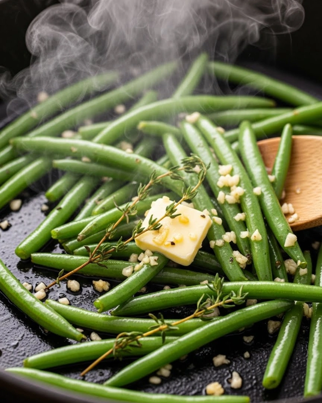 Sautéing green beans with garlic and butter in a skillet