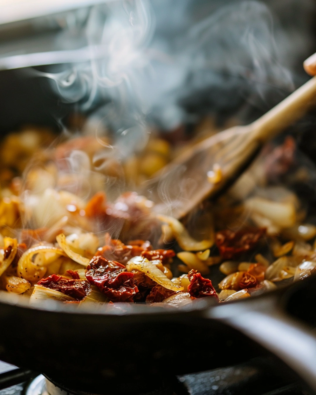 Sautéed onions, garlic, and tomato paste simmering in a pot