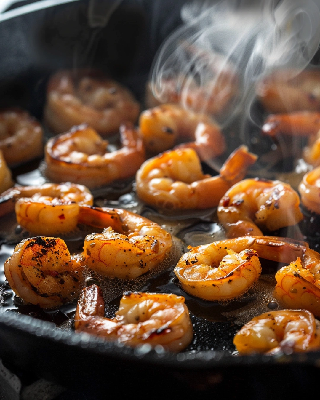 shrimp being seared in a cast iron skillet