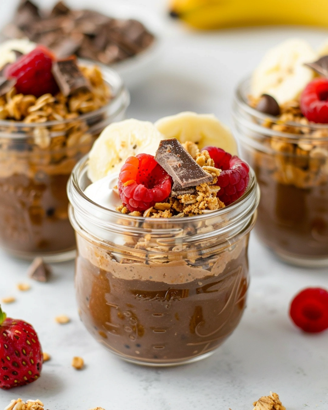 served chocolate chia pudding with toppings