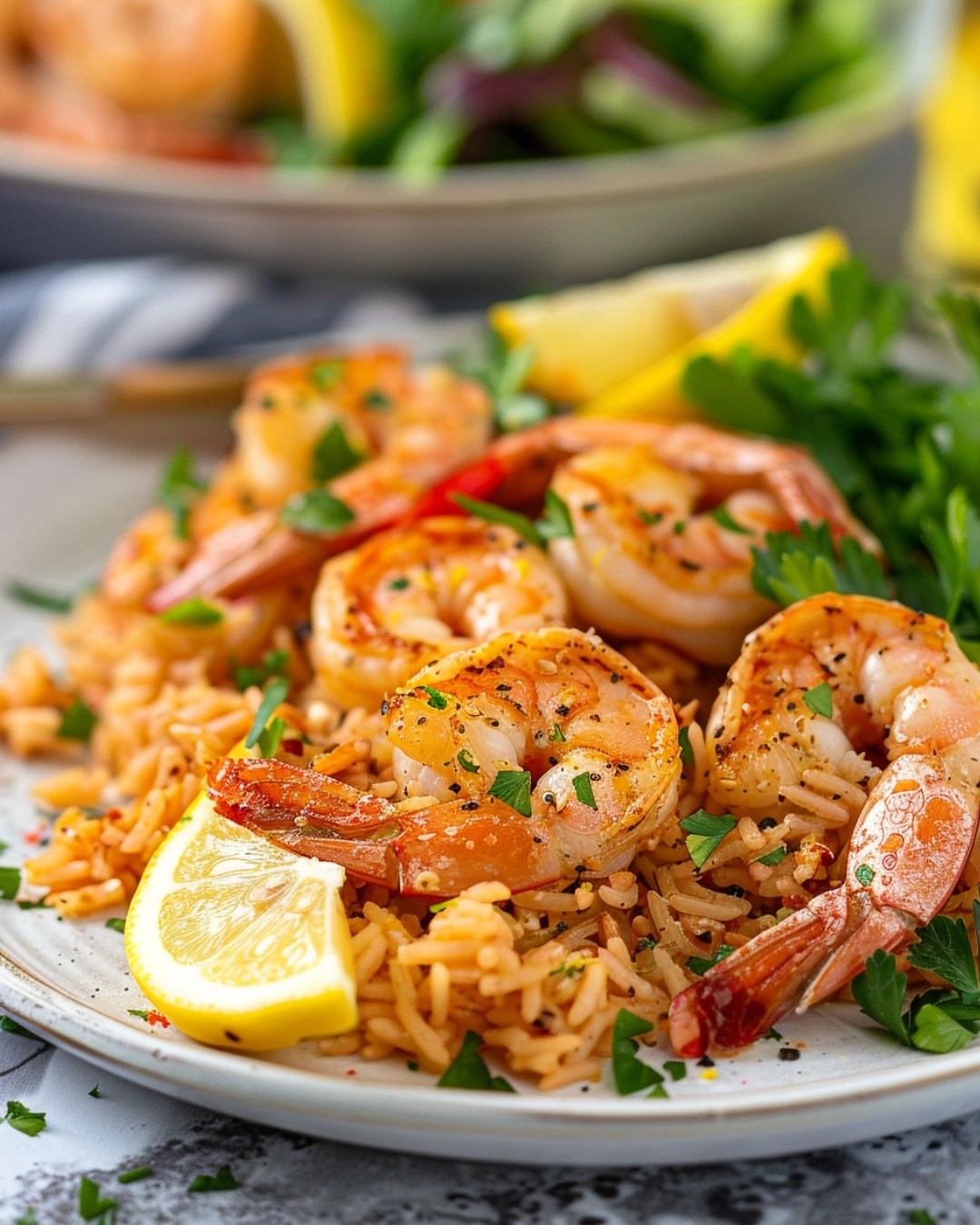 shrimp and rice skillet served with salad and lemon