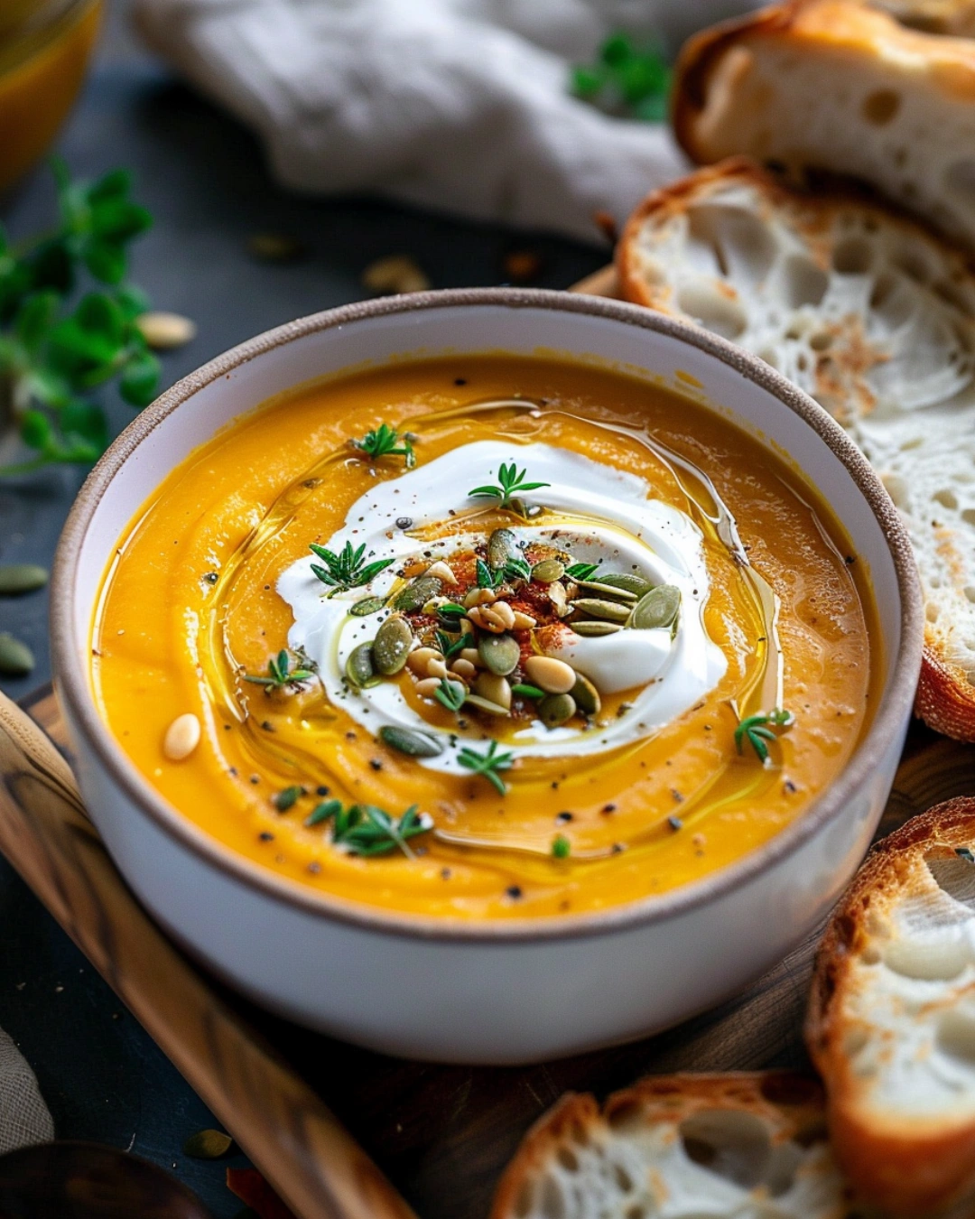 Serving creamy carrot soup with bread and herbs