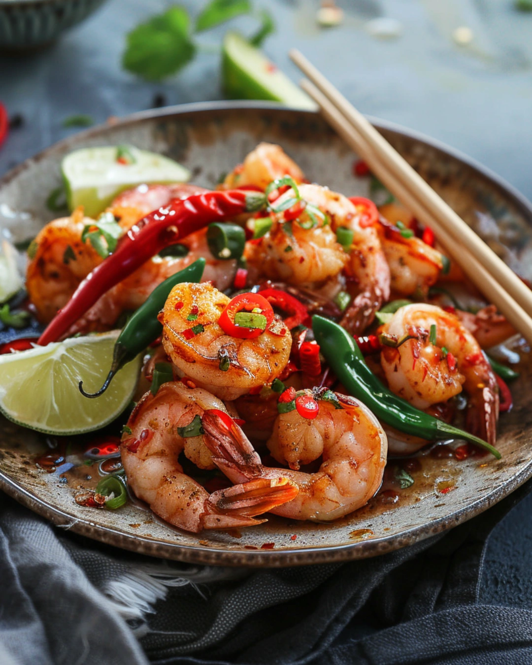 Served Chinese Salt and Pepper Shrimp with chilies, scallions, and lime