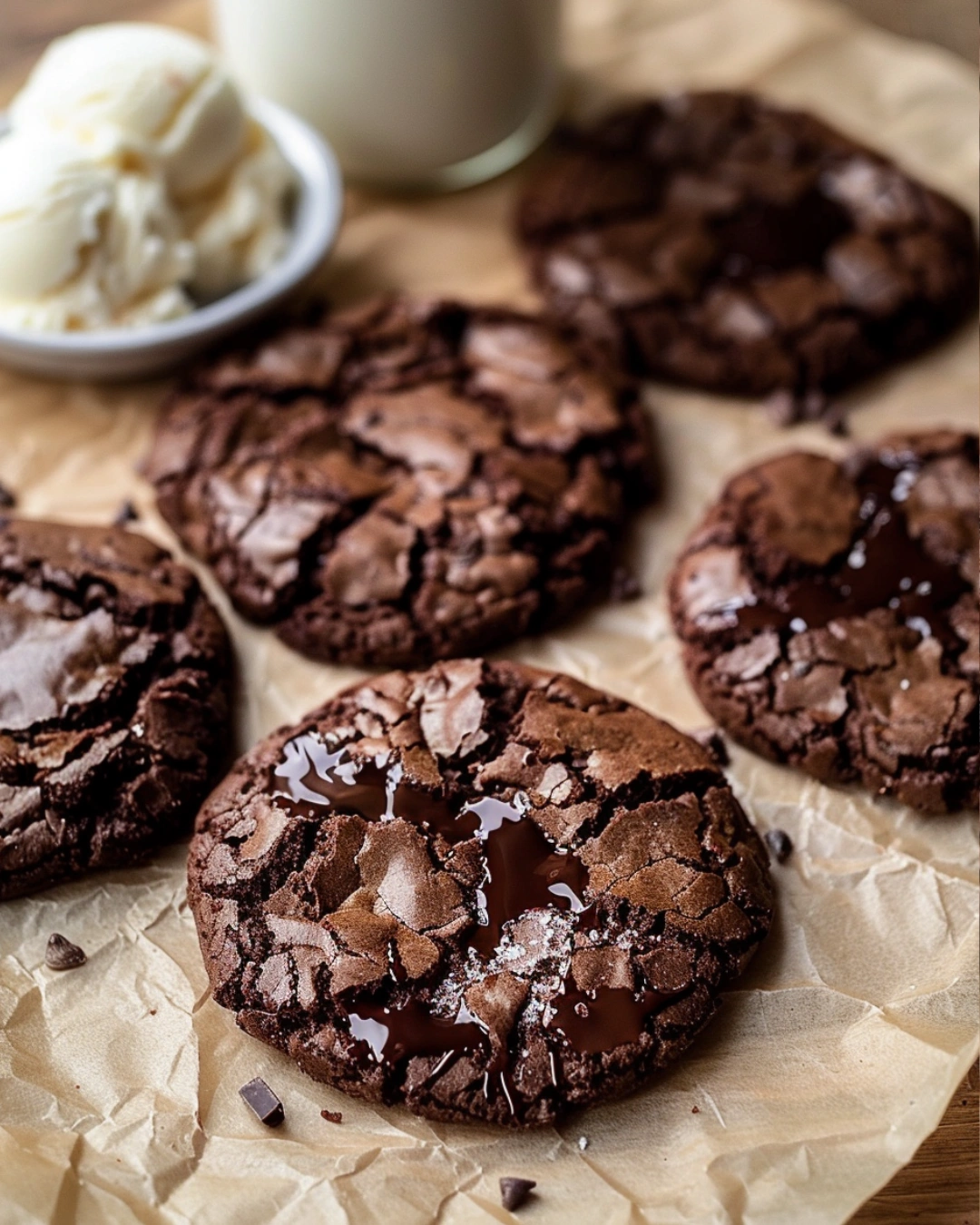 serving copycat Crumbl chocolate cookies with milk and ice cream