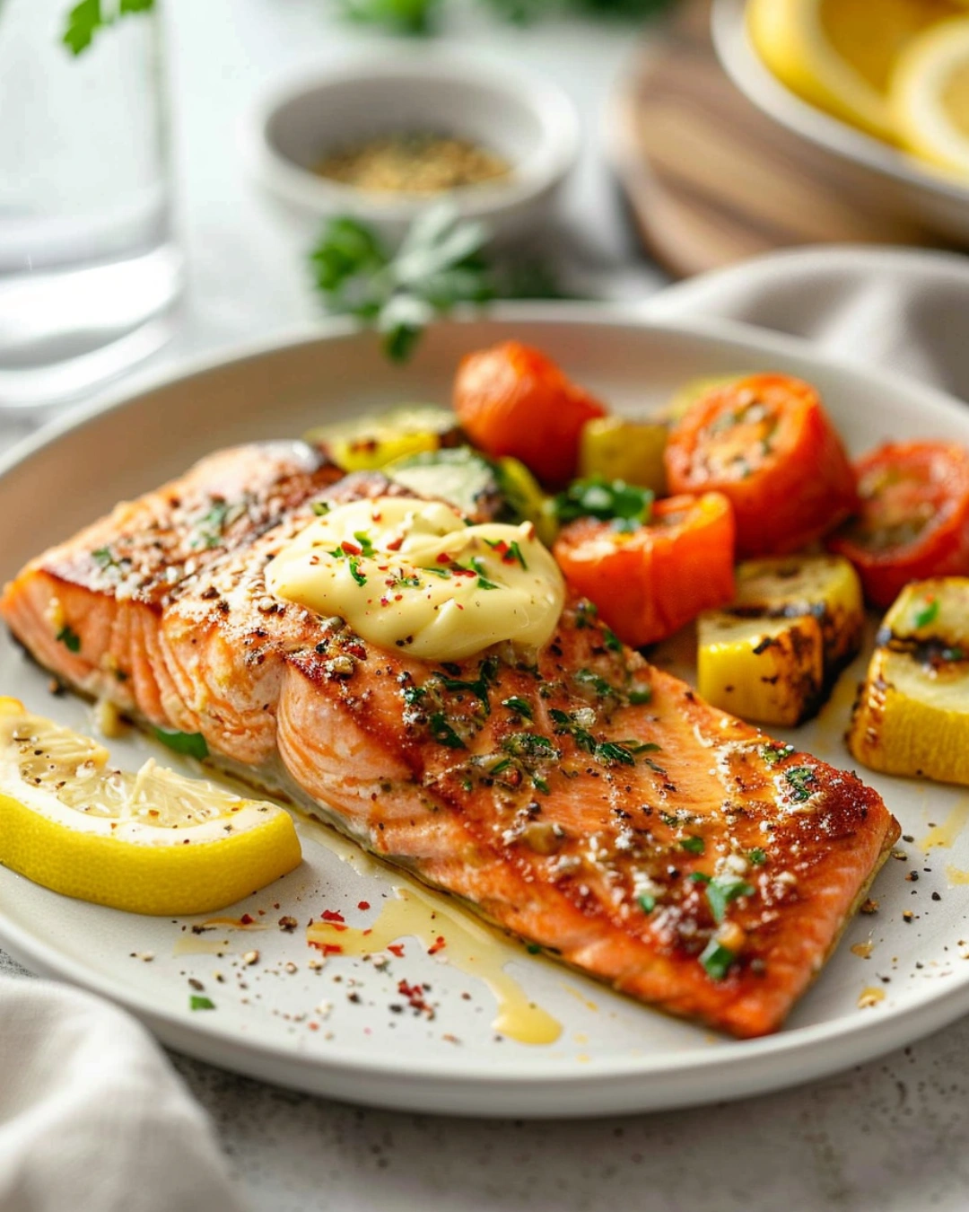 Plated Texas Roadhouse grilled salmon with lemon and roasted vegetables