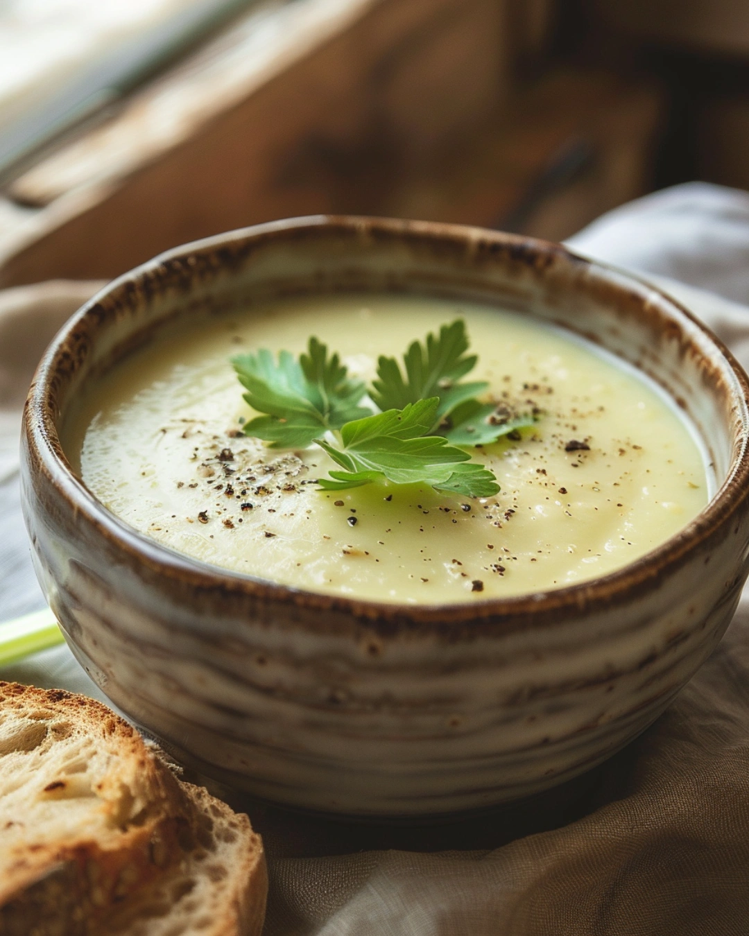 serving homemade creamy celery soup with bread