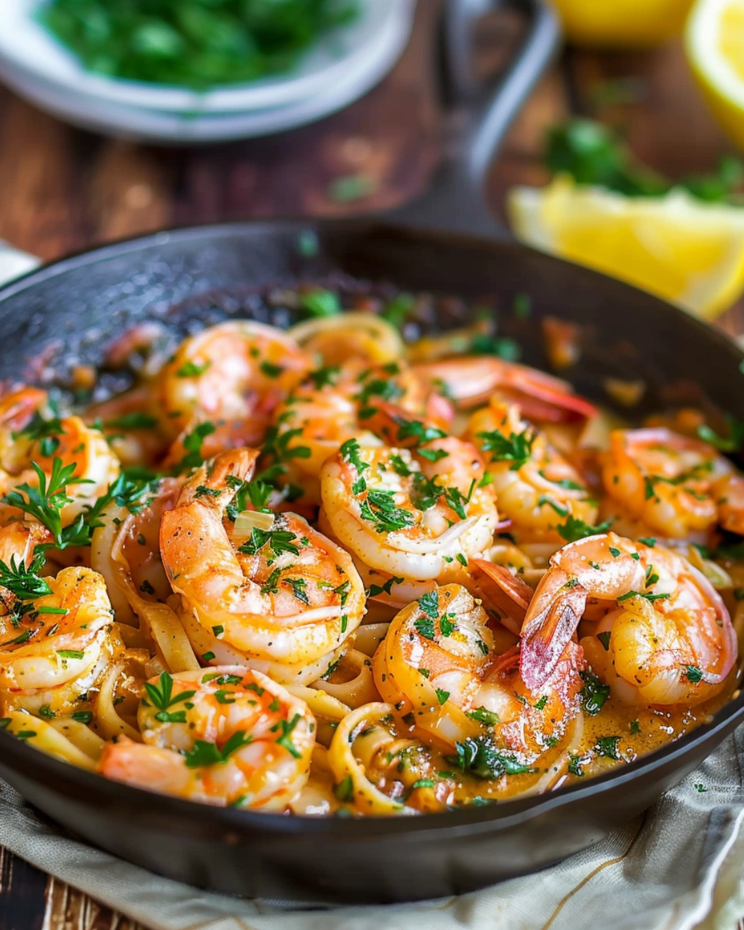 Garlic Butter Shrimp served over pasta with lemon and parsley