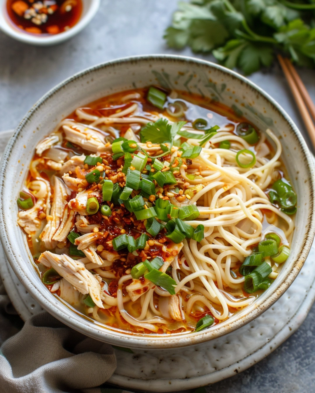 Served bowl of aromatic ginger scallion chicken noodle soup with scallion greens and sesame oil
